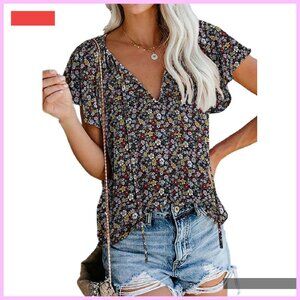 Flutter Sleeve Boho Blouse Lightweight Floral Print V-Neck Top